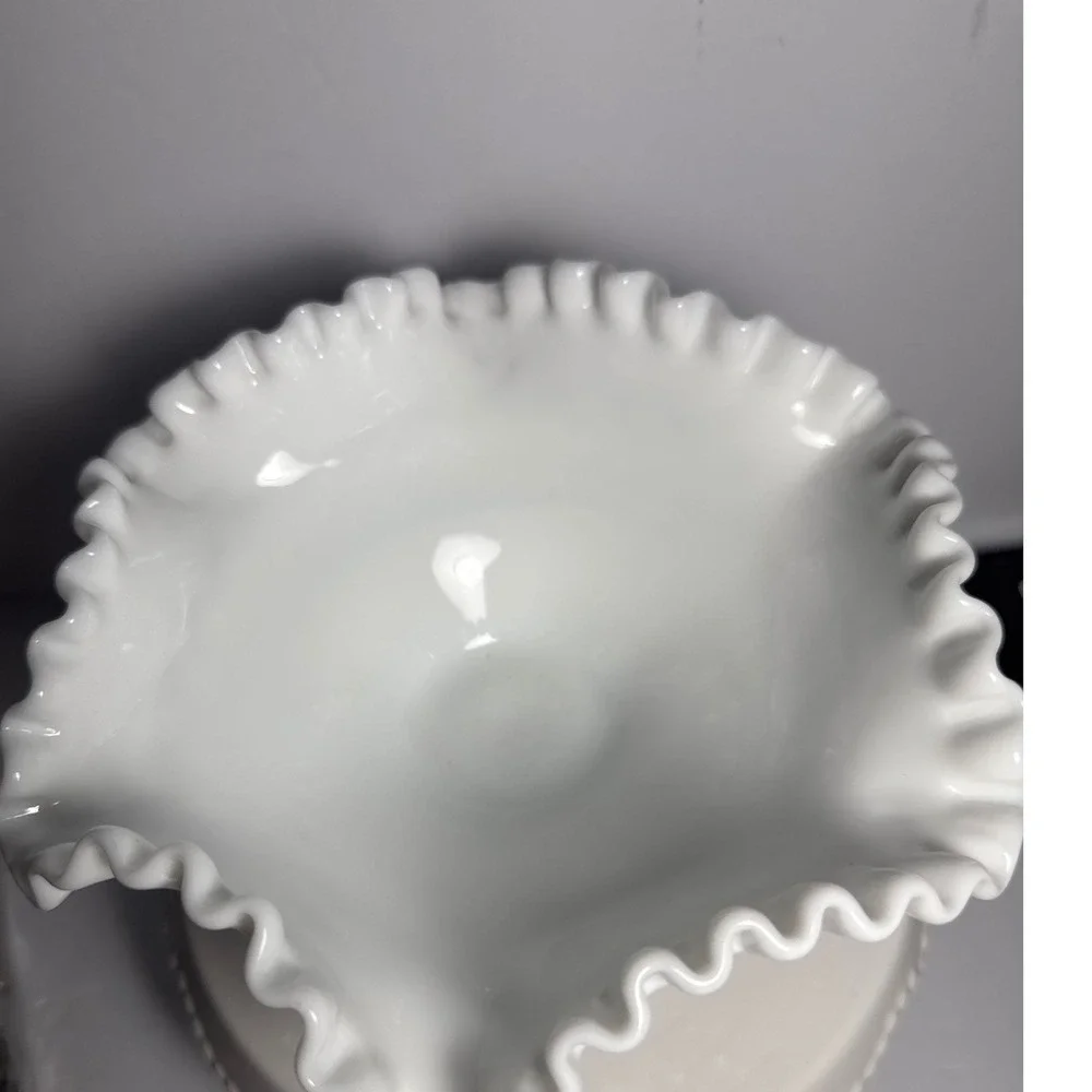 Vintage White Milk Glass Ruffled Pedestal Bowl / Compote – Hobnail Detail